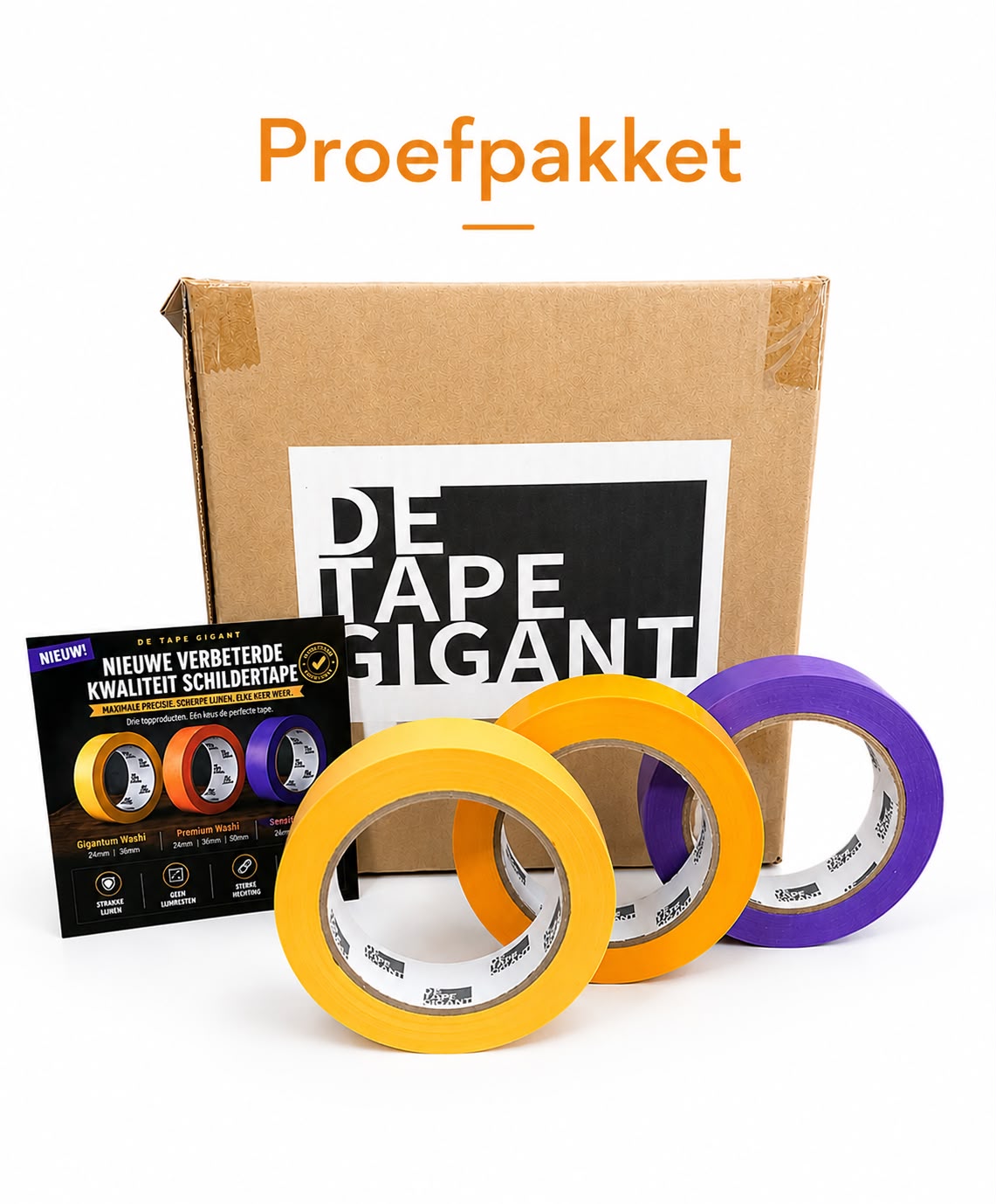 PROEFPAKKET, 24mm breed, 1 rol Premium geel en 1 rol Gigantum geel + rol paarse tape 24mm   !INCLUSIEF VERZENDING!